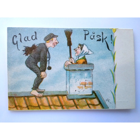 Easter Witch Postcard Fantasy Glad Pask Inside Chimney Barefoot Man Roof Sweden - Picture 2 of 3